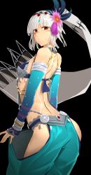 Rule 34 | 1girl, altera (fate), ass, back, bare shoulders, black background, blue bra, bra, breasts, bright pupils, closed mouth, commentary request, cowboy shot, dark-skinned female, dark skin, detached sleeves, fate/extella, fate/extella link, fate/extra, fate (series), flower, hair flower, hair ornament, harem outfit, harem pants, headband, hip focus, i-pan, long sleeves, looking at viewer, looking back, pants, purple flower, red eyes, short hair, simple background, small breasts, solo, underwear, veil