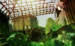 Rule 34 | 1girl, bad id, bad pixiv id, boots, chain, day, grass, industrial pipe, original, short hair, sky, solo, yoshidaworks