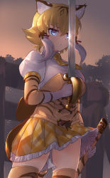 Rule 34 | 1girl, animal ears, animal print, blonde hair, blue eyes, blush, bow, collared shirt, commentary request, corset, cowboy shot, elbow gloves, frilled skirt, frills, gloves, glowing, glowing eyes, gradient gloves, hair bow, highres, kemono friends, multicolored hair, necktie, plaid, plaid necktie, plaid neckwear, plaid skirt, pleated skirt, print corset, print gloves, print thighhighs, puffy short sleeves, puffy sleeves, red bow, scabbard, sheath, shirt, short hair, short sleeves, sidelocks, skirt, smilodon (kemono friends), solo, sword, tadano magu, tail, thighhighs, tiger ears, tiger print, tiger tail, weapon, white gloves, white hair, white shirt, yellow corset, yellow necktie, yellow skirt, zettai ryouiki