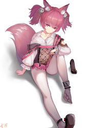 Rule 34 | 1girl, absurdres, animal ear fluff, animal ears, arknights, feet, fox, fox ears, fox girl, fox tail, hair between eyes, highres, holding, holding stuffed toy, huijin zhi ling, long sleeves, pantyhose, purple vest, red eyes, red hair, see-through, shamare (arknights), shoes, unworn shoes, short hair, solo, stuffed animal, stuffed toy, tail, twintails, vest, white pantyhose