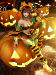 Rule 34 | 1girl, 3d, bandeau, bare shoulders, breasts, brown eyes, brown hair, cleavage, cocoa (character), halloween, hat, incise soul, jack-o&#039;-lantern, jester cap, jewelry, large breasts, m-rs, orange theme, smile, staff, striped clothes, striped thighhighs, thighhighs, wand, witch