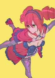 Rule 34 | 1girl, amy sorel, ashiomi masato, breasts, closed mouth, detached sleeves, dress, drill hair, fishnets, gothic lolita, lolita fashion, medium hair, red hair, short twintails, simple background, solo, soul calibur, thighhighs, twin drills, twintails, yellow background
