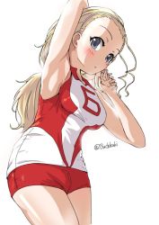 Rule 34 | 1girl, alternate eye color, arm behind head, arm up, blonde hair, blue eyes, buchikaki, commentary, cowboy shot, girls und panzer, hair pulled back, hairband, leaning forward, long hair, looking at viewer, own hands together, parted lips, ponytail, red shirt, red shorts, sasaki akebi, shirt, short shorts, shorts, simple background, sleeveless, sleeveless shirt, solo, sportswear, standing, stretching, twitter username, volleyball uniform, white background, white hairband