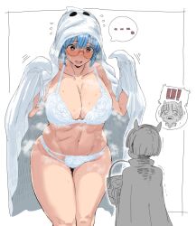 ! !! ... 1boy 1girl blue_hair bra breasts cape ghost_costume glasses halloween height_difference huge_breasts looking_at_another navel original panties red_eyes round_eyewear shoohee short_hair spoken_ellipsis standing sweat thighs underwear white_background white_bra white_panties