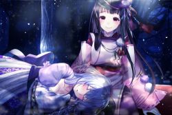 Rule 34 | 2girls, black hair, black headwear, braid, breasts, cleavage, closed eyes, forest, gakuon (gakuto), japanese clothes, kimono, looking at viewer, lying, multiple girls, nature, night, official art, on side, outdoors, red eyes, sanzenkai no avatar, short hair, silver hair, sitting, sleeping, smile