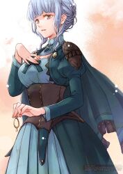 1girl alternate_hairstyle blue_dress blue_hair braid breasts brown_eyes cleavage closed_mouth crown_braid dress ebi_puri_(ebi-ebi) fire_emblem fire_emblem:_three_houses hand_on_own_chest jewelry large_breasts long_sleeves looking_at_viewer marianne_von_edmund marianne_von_edmund_(post_timeskip) nintendo short_hair simple_background solo