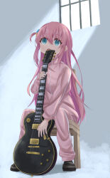 Rule 34 | 1girl, absurdres, black footwear, blue eyes, bocchi the rock!, chinosuke (cs4126), cube hair ornament, electric guitar, full metal jacket, gibson les paul, gotoh hitori, guitar, hair ornament, highres, instrument, jacket, loafers, long hair, long sleeves, meme, open mouth, pants, parody, pink hair, pink jacket, pink pants, scene reference, shoes, sidelocks, sitting, solo
