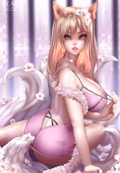 Rule 34 | absurdres, ahri (league of legends), animal ears, bearwitch, blonde hair, breasts, flower, fox ears, fox tail, highres, idol, large breasts, league of legends, multiple tails, open mouth, popstar ahri, tail