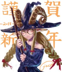 Rule 34 | 1girl, animal ears, black-framed eyewear, blonde hair, braid, broom, chinese zodiac, closed mouth, commentary request, dated, dress, glasses, hair ribbon, hat, holding, horizontal pupils, horns, horns through headwear, jaco, long hair, long sleeves, looking at viewer, new year, original, purple dress, purple hat, red ribbon, ribbed dress, ribbon, round eyewear, signature, solo, tress ribbon, twin braids, upper body, witch, witch hat, year of the goat, yellow eyes