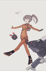 Rule 34 | 1girl, 1other, backpack, bag, bear, bodysuit, closed eyes, dee (fire2332), floating, floating object, full body, grey background, grey hair, high heels, highres, long hair, music, musical note, nanami: starfarer (night navigator) (punishing: gray raven), nanami (punishing: gray raven), non-humanoid robot, open mouth, orange bodysuit, pilot suit, pouch, punishing: gray raven, robot, side ponytail, singing, teeth, thigh pouch, upper teeth only