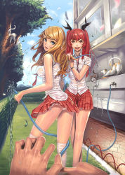 Rule 34 | 2girls, bird, blonde hair, blue eyes, breasts, cat, hose, impossible clothes, impossible shirt, long hair, looking at viewer, looking back, male hand, mana (remana), miniskirt, multiple girls, necktie, nipples, no bra, original, outdoors, panties, pantyshot, pointing, pointing at viewer, pov, red eyes, red hair, school uniform, see-through, shirt, skirt, smile, standing, thighhighs, tree, twintails, underwear, upskirt, water, wet, wet clothes