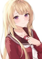 Rule 34 | 1girl, arm at side, assault lily, blonde hair, blush, brown sailor collar, closed mouth, collarbone, commentary, hand on own chest, hand up, highres, kanba girls high school uniform, kon (kon9d), long hair, long sleeves, looking at viewer, miyagawa takane, necktie, purple eyes, red shirt, sailor collar, school uniform, serafuku, shirt, short necktie, sidelocks, simple background, smile, solo, upper body, white background, white necktie