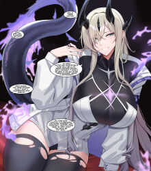Rule 34 | 1girl, absurdres, arknights, black background, black thighhighs, blue eyes, breasts, commentary, cowboy shot, eblana (arknights), grey hair, grin, highres, horns, huge breasts, jacket, kanta (kanta 077), long hair, looking at viewer, off shoulder, open clothes, open jacket, smile, solo, speech bubble, standing, tail, thighhighs, thighs, very long hair, white jacket