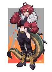 Rule 34 | 1girl, :d, ahoge, amazu (kurozu), arm up, black footwear, black gloves, black pants, black shirt, boots, commentary, commission, crop top, cropped jacket, dragon tail, english commentary, fingerless gloves, fire, full body, fur-trimmed jacket, fur trim, gloves, grey background, hair between eyes, high heel boots, high heels, highres, hip vent, jacket, long sleeves, looking at viewer, midriff, navel, open clothes, open jacket, open mouth, orange eyes, original, pants, puffy long sleeves, puffy sleeves, red hair, red jacket, shirt, signature, smile, solo, standing, tail, teeth, two-tone background, upper teeth only, white background