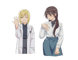 Rule 34 | 2girls, absurdres, blonde hair, blush, brown eyes, brown hair, erica hartmann, closed eyes, gertrud barkhorn, grin, highres, jewelry, lab coat, long hair, looking at another, multiple girls, no legs, pen, rekari (rekari628), ring, shirt, short hair, simple background, skirt, smile, strike witches, teeth, upper body, upper teeth only, wedding band, white background, wife and wife, world witches series, yuri