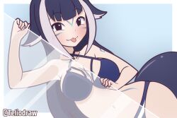 Rule 34 | 1girl, :3, animal ears, arm tattoo, bikini, black bikini, black eyes, black hair, blue background, blush, breast tattoo, breasts, cetacean tail, chest tattoo, cleavage, collarbone, face tattoo, fins, fish tail, forehead tattoo, indie virtual youtuber, large breasts, long hair, looking at viewer, multicolored hair, navel, orca girl, shoulder tattoo, shylily, smile, stomach tattoo, streaked hair, swimsuit, tail, tattoo, teliodraw, tongue, tongue out, virtual youtuber, white hair