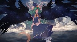 Rule 34 | 1girl, :&lt;, artist request, bow, capelet, closed mouth, cloud, crescent moon, full body, ghost tail, glint, green eyes, green hair, hat, highres, lens flare, long hair, long sleeves, mima (touhou), moon, outdoors, ribbon, skirt, sky, solo, staff, star (sky), star (symbol), starry sky, sunset, touhou, touhou (pc-98), white ribbon, wizard hat, yellow bow