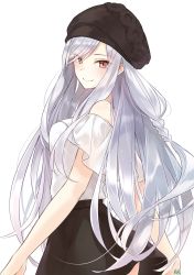 Rule 34 | 1girl, absurdres, azuuru, bare shoulders, black hat, black skirt, blush, closed mouth, eyes visible through hair, fang, fang out, floating hair, from side, hat, highres, long hair, looking at viewer, looking to the side, lucela (majo no tabitabi), majo no tabitabi, miniskirt, novel illustration, off-shoulder shirt, off shoulder, official art, pleated skirt, pointy ears, red eyes, shirt, shirt tucked in, short sleeves, silver hair, skirt, slit pupils, smile, solo, standing, swept bangs, translation request, very long hair, white background, white shirt