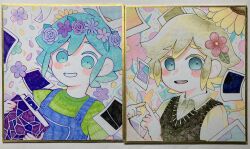 Rule 34 | 2boys, 720m orange, basil (faraway) (omori), basil (headspace) (omori), basil (omori), blonde hair, blue eyes, blue overalls, blush, book, collared shirt, dual persona, flower, green eyes, green hair, green shirt, green sweater vest, hair flower, hair ornament, head wreath, highres, holding, holding book, looking at viewer, multiple boys, omori, open mouth, overalls, parted lips, photo (object), shirt, short hair, short sleeves, smile, something (omori), sunflower, sweater vest, teeth, upper teeth only, white shirt