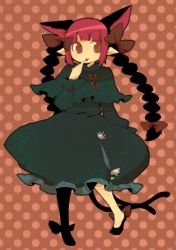 Rule 34 | 1girl, animal ears, azuma seiji, bow, braid, cat ears, cat girl, cat tail, dress, female focus, full body, hair ribbon, kaenbyou rin, lowres, multiple tails, pointy ears, red hair, ribbon, solo, tail, touhou, twin braids, twintails