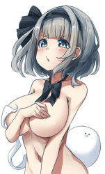 Rule 34 | 1girl, :3, black bow, black bowtie, black hairband, bow, bowtie, breasts, covering privates, covering breasts, green eyes, grey hair, hairband, highres, konpaku youmu, konpaku youmu (ghost), large breasts, looking at viewer, navel, nude, open mouth, pegashi, short hair, simple background, solo, touhou, upper body, white background