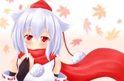 Rule 34 | 1girl, animal ears, autumn leaves, baia, bare shoulders, blush, breasts, detached sleeves, hat, inubashiri momiji, leaf, looking at viewer, pink background, pom pom (clothes), red eyes, scarf, short hair, silver hair, smile, solo, tokin hat, touhou, wolf ears