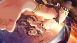 Rule 34 | 1girl, :o, armpits, barefoot, black hair, black panties, black thighhighs, blurry, breasts, cleft of venus, cloud, depth of field, earrings, fate/grand order, fate (series), feet, female focus, foot focus, heavenly boat maanna, highres, hoop earrings, ishtar (fate), jewelry, legs, long hair, looking at viewer, medium breasts, midriff, navel, open mouth, outdoors, outstretched arms, panties, queasy s, red eyes, side ponytail, single thighhigh, sky, soles, solo, spread arms, spread legs, stomach, sunset, thighhighs, toeless legwear, toes, tohsaka rin, twitter username, underwear, upside-down