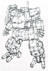 Rule 34 | full body, greyscale, highres, ink (medium), looking ahead, mecha, monochrome, no humans, okamoto hiroshi, one-eyed, open hands, original, robot, science fiction, solo, standing, traditional media, white background