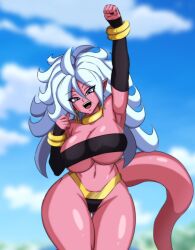 Rule 34 | 1girl, android 21, arm up, bracelet, breasts, colored skin, covered erect nipples, curvy, darwaarts, detached sleeves, dragon ball, dragon ball fighterz, earrings, female focus, grey eyes, highres, huge breasts, jewelry, long hair, looking at viewer, majin android 21, midriff, nail polish, navel, pink skin, pointy ears, solo, strapless, tail, thick thighs, thighs, tube top, underboob, white hair, wide hips
