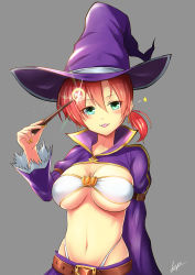 Rule 34 | 1girl, :p, belt, blush, boudica (fate), bra, breasts, cleavage, earrings, fate/grand order, fate (series), green eyes, grey background, halloween costume, hat, highleg, highleg panties, highres, jewelry, kyu (wein-seria), large breasts, looking at viewer, magic, navel, panties, red hair, short hair, short ponytail, signature, solo, star (symbol), tongue, tongue out, underboob, underwear, wand, white bra, white panties, witch hat