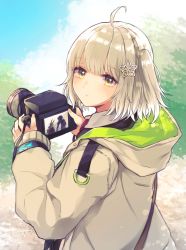 Rule 34 | 1girl, ahoge, amiya (arknights), arknights, beige jacket, blonde hair, camera, commentary, doctor (arknights), dslr, facing away, hair ornament, highres, holding, holding camera, hood, hood down, infection monitor (arknights), looking at viewer, looking back, nanatsuka, outdoors, scene (arknights), short hair, side ponytail, signature, snowflake hair ornament, solo, upper body, wristband, yellow eyes