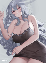 Rule 34 | 1girl, absurdres, azur lane, bare shoulders, black nightgown, blush, breasts, cleavage, closed mouth, collarbone, graf zeppelin (azur lane), grey hair, hair between eyes, highres, huge breasts, long hair, looking at viewer, lying, milephunter, nightgown, on bed, on side, purple eyes, simple background, solo