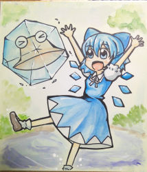 Rule 34 | &gt; &lt;, 1girl, arms up, blue dress, blue eyes, blue hair, blush stickers, bow, cirno, dress, closed eyes, frozen, hair bow, hat, ice, mary janes, matching hair/eyes, open mouth, pyonta, shikishi, shoes, short hair, smile, solo, touhou, traditional media, wings, yagami (mukage)