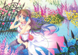 Rule 34 | 1girl, bare shoulders, belt, bike shorts, black thighhighs, blue eyes, blue flower, blue hair, blue rose, boots, brown hair, cable, choker, colorful, dress, fence, floating hair, floral print, flower, flower request, frilled dress, frills, from above, from side, garden, gem, gradient hair, hands on headphones, headphones, ironwork, light smile, long hair, looking at viewer, matching hair/eyes, multicolored hair, original, outdoors, pearl (gemstone), petals, pink flower, pink rose, pond, reflection, rose, sitting, sleeveless, sleeveless dress, smile, solo, thigh boots, thighhighs, water, wind, yamigo, zettai ryouiki