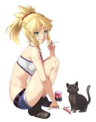 Rule 34 | 1girl, belt, black footwear, blonde hair, blue shorts, bra, butter-t, cat, clenched teeth, denim, denim shorts, fate/apocrypha, fate (series), full body, green eyes, hair ornament, hair scrunchie, high ponytail, holding, jewelry, long hair, looking at viewer, midriff, mordred (fate), mordred (fate/apocrypha), mordred (memories at trifas) (fate), navel, necklace, red scrunchie, scrunchie, short shorts, shorts, simple background, solo, squatting, stomach, striped bra, striped clothes, teeth, torn clothes, torn shorts, underwear, white background, white bra