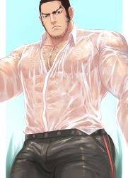 Rule 34 | 1boy, arbbun, bara, beard, belt, black hair, bulge, chest hair, facial hair, golden kamuy, highres, large pectorals, long sideburns, male focus, mature male, muscular, muscular male, pants, pectoral cleavage, pectorals, scar, scar on face, sideburns, solo, stubble, tanigaki genjirou, thick eyebrows, thick thighs, thighs, wet, wet clothes