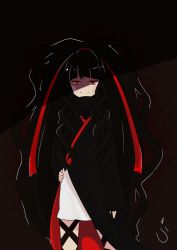 Rule 34 | 1girl, arm at side, azami (kagerou project), black hair, blending, cloak, cowboy shot, curly hair, dark, hair ribbon, hand on own hip, kagerou days (vocaloid), kagerou project, leg ribbon, long hair, long ribbon, looking at viewer, petticoat, red eyes, red ribbon, ribbon, scales, shaded face, shadow, signature, sleeves past wrists, slip showing, smile, solo, uikoui, very long hair, vocaloid, wavy hair