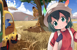 Rule 34 | 10s, 2girls, :d, ^ ^, animal ears, backpack, bag, black gloves, blonde hair, blue sky, bow, bowtie, closed eyes, cloud, commentary, day, elbow gloves, fang, gloves, grass, green eyes, hat, hat feather, high-waist skirt, japari bus, kaban (kemono friends), kemono friends, looking at viewer, lucky beast (kemono friends), makuran, mountain, multiple girls, open mouth, outdoors, print gloves, print legwear, print neckwear, print skirt, red shirt, sandstar, savannah, serval (kemono friends), serval print, serval tail, shirt, short hair, skirt, sky, smile, standing, tail, tree, tree shade, white hat