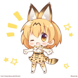Rule 34 | 10s, 1girl, ;d, animal ears, armpits, chibi, commentary request, copyright name, elbow gloves, gloves, kemono friends, looking at viewer, momoniku (taretare-13), one eye closed, open mouth, outstretched arms, serval (kemono friends), serval print, serval tail, short hair, smile, solo, spread arms, tail, thighhighs, twitter username, zettai ryouiki