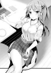 Rule 34 | 1girl, breasts, choroin desuga koibito ni wa naremasenka, coffee, collarbone, computer, covered erect nipples, crossed legs, cup, greyscale, hair between eyes, highres, holding, holding cup, indoors, laptop, large breasts, leaning back, long hair, miniskirt, monochrome, novel illustration, official art, plaid, plaid skirt, ponytail, shirt, short sleeves, sitting, skirt, solo, sousouman, teacup
