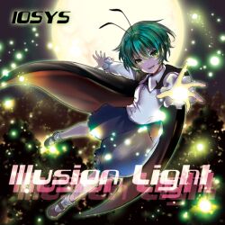 Rule 34 | 1girl, album cover, antennae, bad source, black cape, black footwear, blue shorts, buttons, cape, collared shirt, cover, english text, fireflies, frilled shorts, frilled sleeves, frills, full moon, green eyes, green hair, iosys, long sleeves, looking at viewer, mary janes, moon, night, non-web source, official art, open mouth, outdoors, outstretched arms, puffy shorts, reaching, reaching towards viewer, sanamisa, shirt, shoes, short hair, shorts, smile, socks, source request, touhou, touhou cannonball, white shirt, white socks, wriggle nightbug