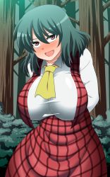 Rule 34 | 1girl, amazon (taitaitaira), arms behind back, blush, breasts, collared shirt, forest, green hair, highres, huge breasts, kazami yuuka, long sleeves, looking at viewer, nature, necktie, open mouth, outdoors, red eyes, shirt, short hair, solo, standing, touhou, tree