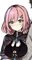 1boy 1girl adam_(honkai_impact) black_hair bob_cut breasts cleavage closed_mouth coat elbow_gloves gloves grey_coat grey_eyes highres honkai_(series) honkai_impact_3rd large_breasts long_sleeves looking_at_viewer mini2chainz pink_hair short_sleeves simple_background smile solo_focus timido_cute upper_body white_background white_gloves