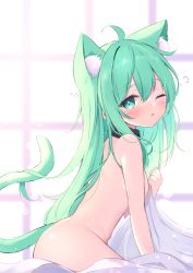 Rule 34 | 1girl, ;o, absurdres, ahoge, animal ear fluff, animal ears, bed sheet, black collar, blurry, blurry background, blush, breasts, cat ears, cat girl, cat tail, collar, depth of field, fang, green hair, hair between eyes, hand up, highres, long hair, looking at viewer, mikaze oto, nude, one eye closed, original, parted lips, sleepy, small breasts, solo, tail, tail raised, very long hair, waking up, window