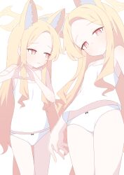 Rule 34 | 1girl, absurdres, animal ears, blonde hair, blue archive, blush, camisole, closed mouth, flat chest, hagoonha, halo, highres, long hair, multiple views, open mouth, panties, seia (blue archive), simple background, underwear, white background, white camisole, white panties, yellow eyes, yellow halo
