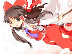 Rule 34 | 1girl, adapted costume, bare shoulders, bow, brown eyes, brown hair, detached sleeves, female focus, hair bow, hair tubes, hakurei reimu, japanese clothes, kanoe soushi, long hair, miko, necktie, open mouth, petals, shirt, skirt, sleeveless, sleeveless shirt, smile, solo, stick, touhou, wide sleeves