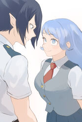 Rule 34 | 1boy, 1girl, absurdres, amajiki tamaki, black hair, blue eyes, blue hair, blue skirt, boku no hero academia, closed mouth, collared shirt, eye contact, fengling (furin-jp), grey vest, hadou nejire, highres, long hair, looking at another, necktie, pleated skirt, pointy ears, red necktie, school uniform, shirt, short hair, skirt, smile, spiked hair, u.a. school uniform, vest, white background, white shirt