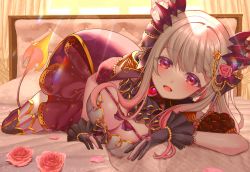 Rule 34 | 1girl, nanashi inc., absurdres, black gloves, blush, breasts, cleavage, dress, flower, futayamam2, gloves, gradient hair, grey hair, hair flower, hair ornament, headphones, highres, honey strap, large breasts, looking at viewer, lying, multicolored hair, on stomach, open mouth, partially fingerless gloves, pink hair, red dress, red eyes, sidelocks, smile, solo, streaked hair, suou patra, twintails, virtual youtuber