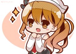 Rule 34 | 10s, 1girl, :d, artist name, bare shoulders, bloom2425, brown eyes, brown hair, chibi, corset, detached sleeves, hair ornament, hat, headdress, kantai collection, littorio (kancolle), long hair, necktie, open mouth, ponytail, ribbon, shirt, simple background, sleeveless, sleeveless shirt, smile, solo, sparkle, star-shaped pupils, star (symbol), symbol-shaped pupils, twitter username, wavy hair