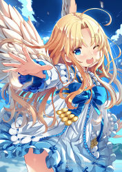 Rule 34 | 1girl, ;d, ahoge, blonde hair, blue bow, blue eyes, blue sky, blush, bow, cloud, commentary request, day, dress, feathered wings, filo (tate no yuusha no nariagari), long hair, long sleeves, one eye closed, open mouth, outdoors, parted bangs, pixiv id, round teeth, sky, smile, solo, tate no yuusha no nariagari, teeth, twitter username, upper teeth only, very long hair, white dress, white wings, wings, xephonia